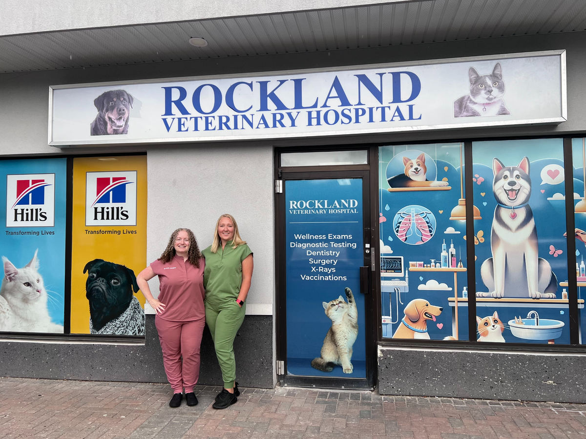 Dr. Katie Gallagher and Meghan Brydges outside Rockland Veterinary Hospital on Rymal Road East.
